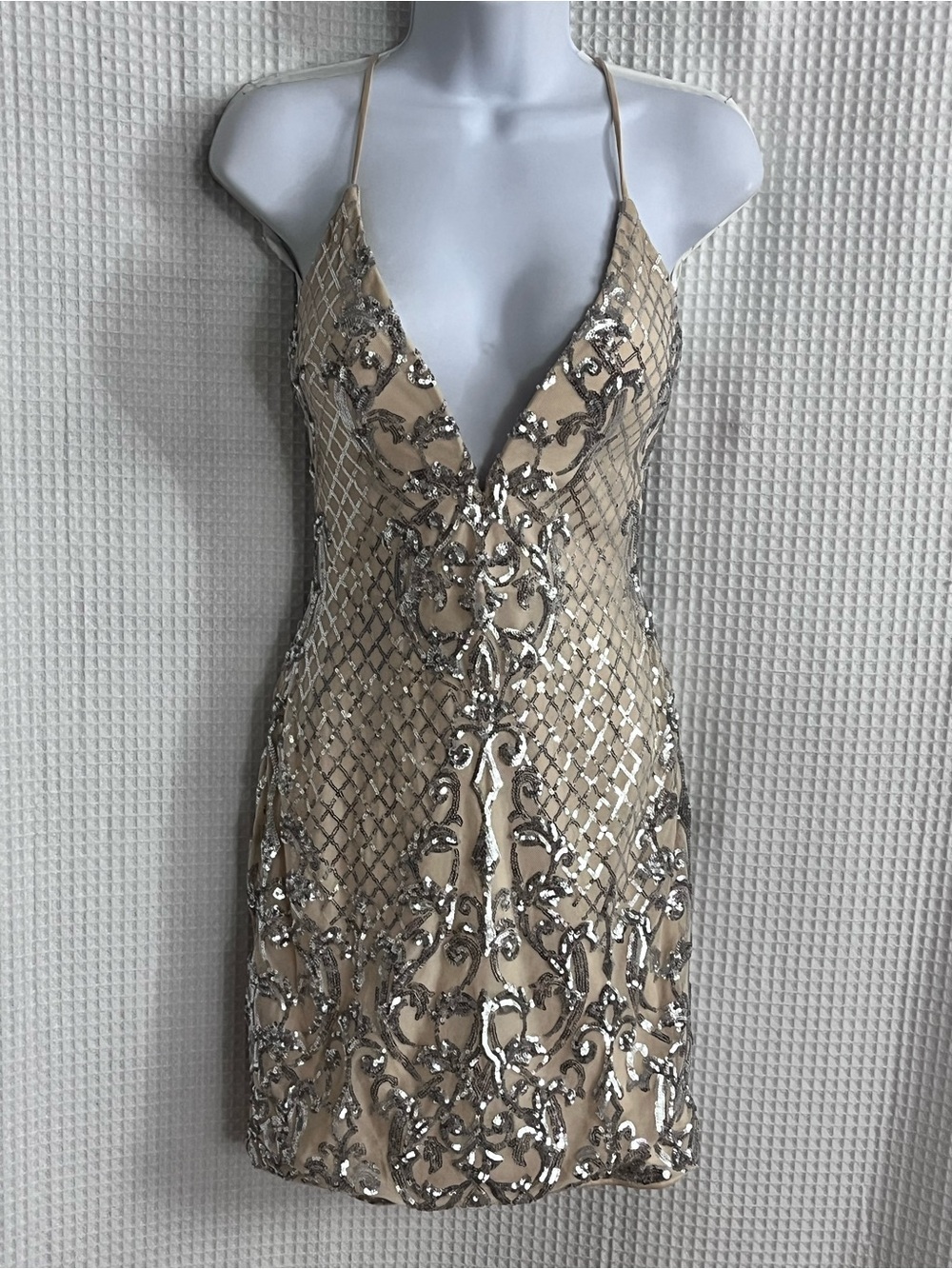 Windsor Nude Mini Dress with Silver Sequin Embellishment size medium